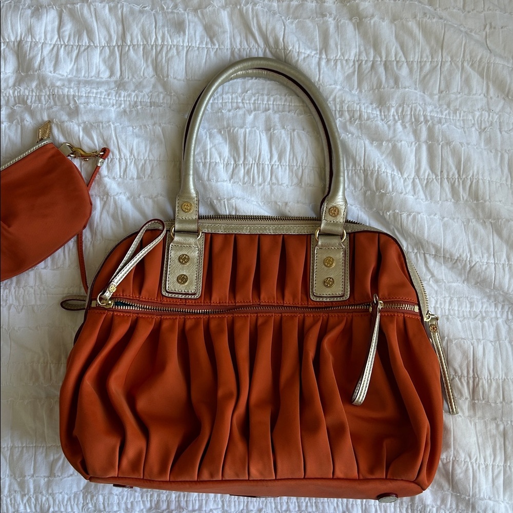 MZ Wallace Bea Bedford Pleated Orange Nylon Gold Leather Trim Shoulder Handbag